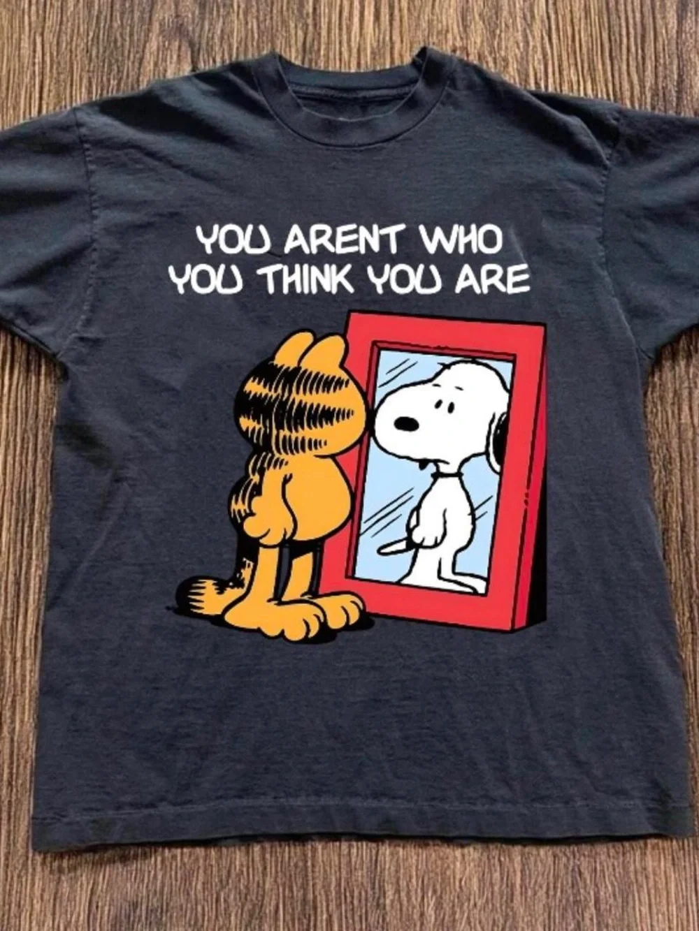 Funny Garfield Mirror Snoopy Meme Graphic T-Shirt,  Short Sleeve Tee